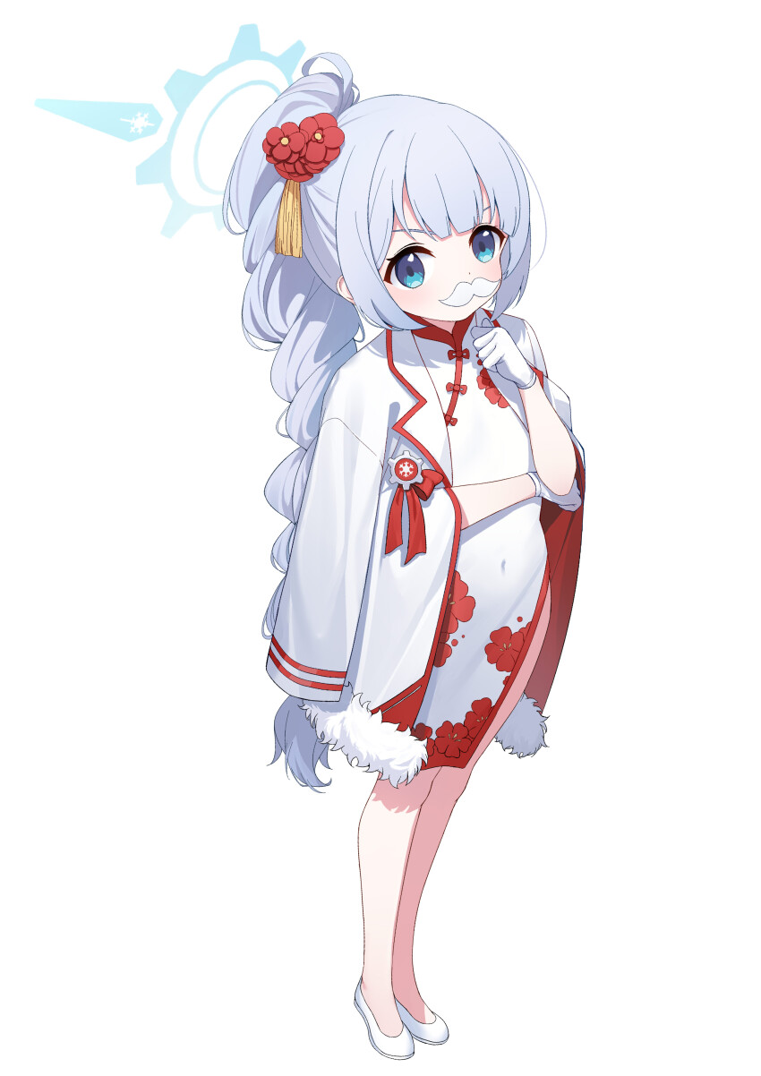 1girl absurdres blue_archive blue_eyes blue_halo blush braid braided_ponytail cherino_(blue_archive) cherino_(qipao)_(blue_archive) china_dress chinese_clothes commentary_request covered_navel dress fake_facial_hair fake_mustache floral_print flower fur-trimmed_jacket fur_trim gloves hair_flower hair_ornament halo hand_up high_braided_ponytail highres jacket jacket_on_shoulders jinfengkaze lapels long_hair looking_at_viewer mandarin_collar official_alternate_costume official_alternate_hairstyle print_dress red_flower shoes sidelocks simple_background single_braid solo standing tassel tassel_hair_ornament very_long_hair white_background white_dress white_gloves white_jacket white_shoes