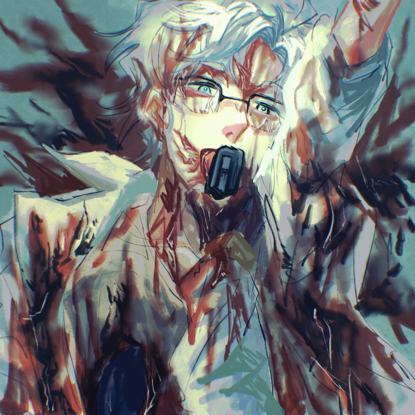 2boys black-framed_eyewear blood blood_on_clothes blood_on_hands blue_eyes bright_pupils broken_eyewear chinese_commentary commentary_request eyestotheskies glasses gun gun_in_mouth handgun highres holding holding_gun holding_weapon injury jabuchi_you kanou_aogu lab_coat lapels long_sleeves looking_at_viewer lying male_focus messy_hair multiple_boys notched_lapels on_back pool_of_blood pov saibou_shinkyoku shirt short_hair solo_focus weapon white_hair white_pupils white_shirt