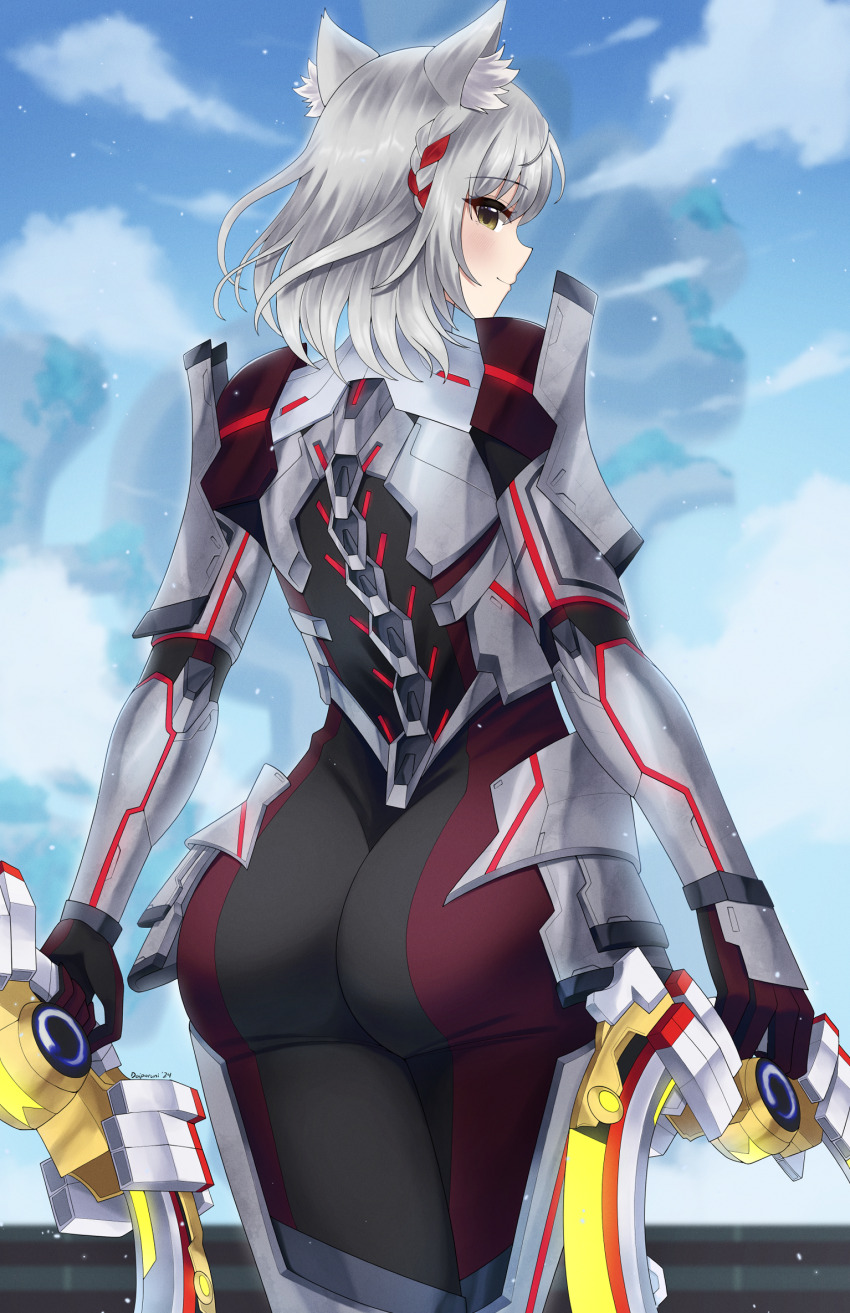 1girl animal_ears armor ass ass_focus blush bodysuit brown_eyes cat_ears chakram doiparuni dual_wielding from_behind gloves highres holding huge_ass looking_at_viewer looking_back m_(xenoblade) mio_(xenoblade) short_hair skin_tight smile solo weapon white_hair xenoblade_chronicles_(series) xenoblade_chronicles_3
