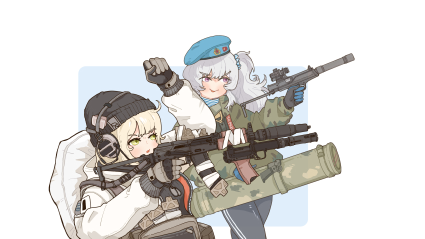 2girls absurdres aek-919 aks-74u assault_rifle beanie beret blonde_hair bs-1 callsign:_cedar duct_tape gloves green_eyes grey_hair gun hat headphones highres jacket kalashnikov_rifle lisa_(callsign:_cedar) military_combat_uniform military_uniform multiple_girls natasha_(callsign:_cedar) purple_eyes rifle rocket_launcher rpg-27 rpg_(weapon) shirt striped_clothes striped_shirt telnyashka track_suit vdv weapon white_jacket