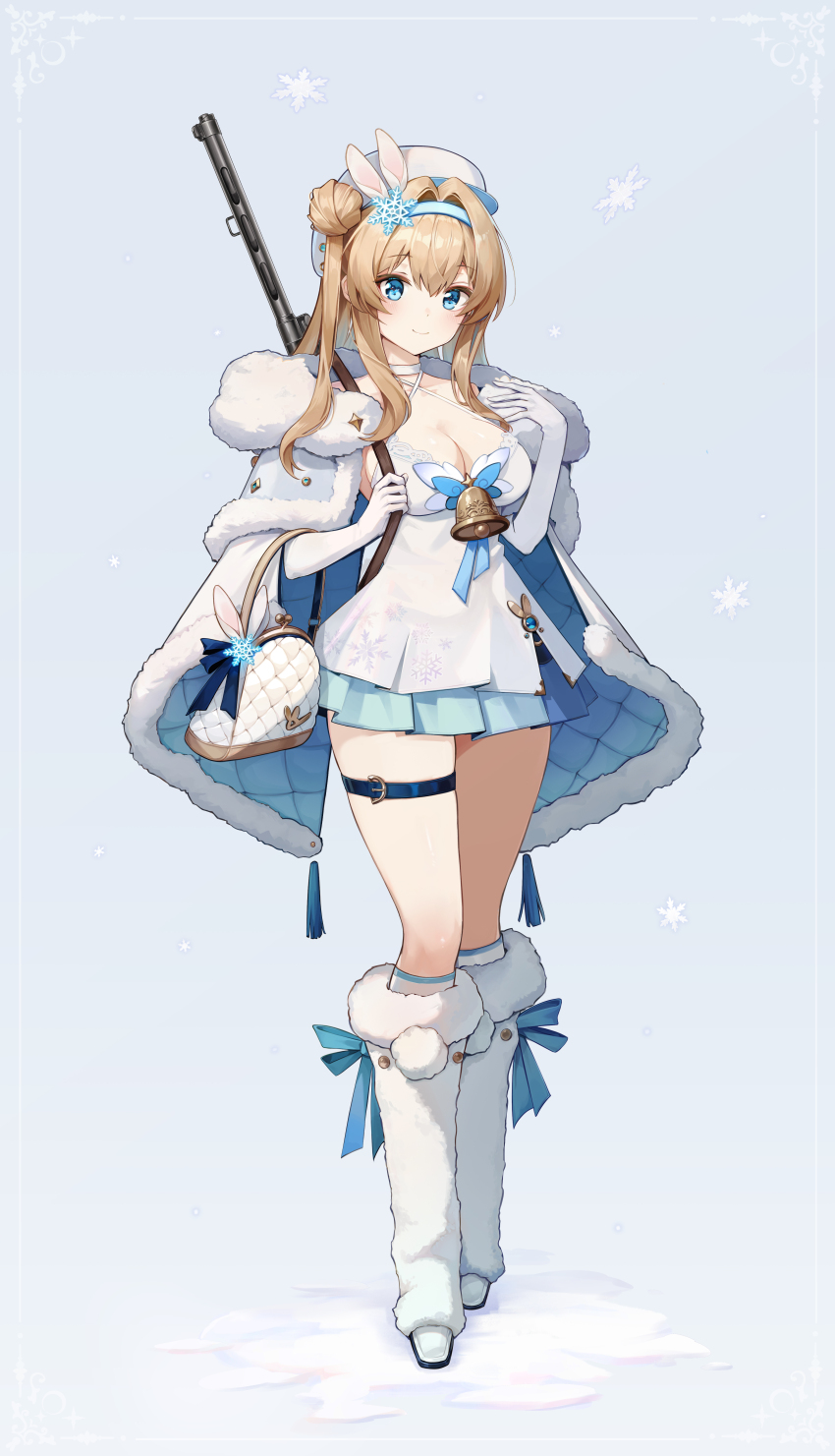 1girl absurdres alternate_costume blonde_hair blue_eyes blue_skirt breasts cleavage dress drum_magazine full_body girls&#039;_frontline girls&#039;_frontline_2:_exilium gun hair_bun highres magazine_(weapon) salmonppang skirt submachine_gun suomi_(girls&#039;_frontline) suomi_(girls&#039;_frontline_2) suomi_kp/-31 weapon