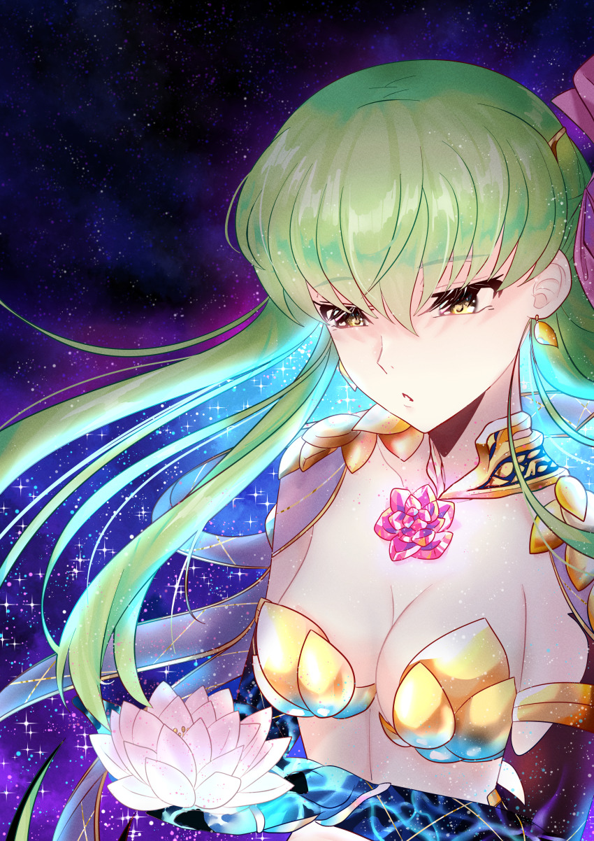 1girl absurdres breasts budgiepon c.c. chest_jewel cleavage code_geass collarbone commentary earrings elbow_gloves expressionless eyelashes fate/grand_order fate_(series) flower gloves green_hair hair_between_eyes hair_spread_out highres holding holding_flower jewelry kama_(fate) long_hair medium_breasts midriff night nose parted_lips sky solo sparkle star_(sky) starry_sky very_long_hair water_lily_flower white_lotus yellow_eyes