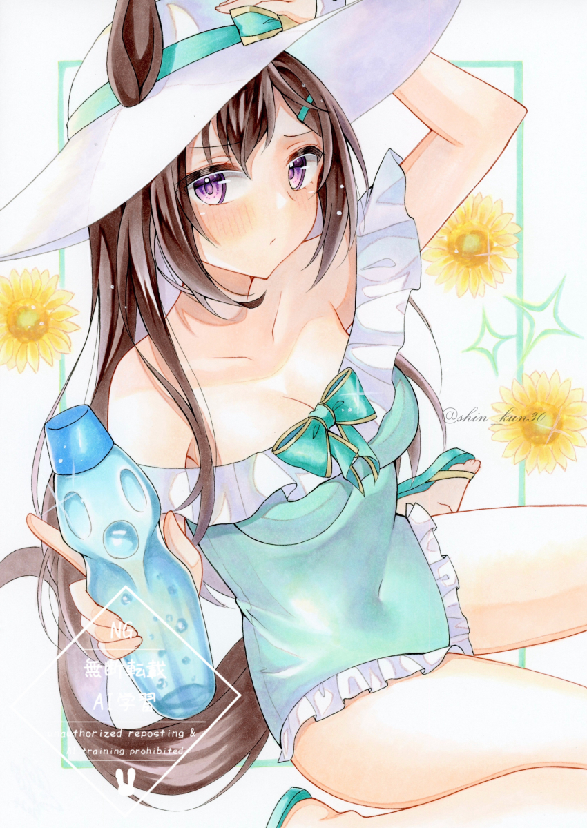 1girl absurdres animal_ears aqua_bow aqua_one-piece_swimsuit aqua_ribbon arm_up blush bottle bow bow_swimsuit breasts character_request cleavage closed_mouth collarbone commentary_request covered_navel flower frilled_one-piece_swimsuit frills hair_ornament hairclip hat hat_ribbon highres holding holding_bottle horse_ears horse_girl horse_tail large_breasts looking_at_viewer marker_(medium) one-piece_swimsuit parted_bangs purple_eyes ribbon shin_kun30 signature sitting solo sun_hat sunflower swimsuit tail traditional_media umamusume water_bottle watermark white_background white_hat yellow_flower