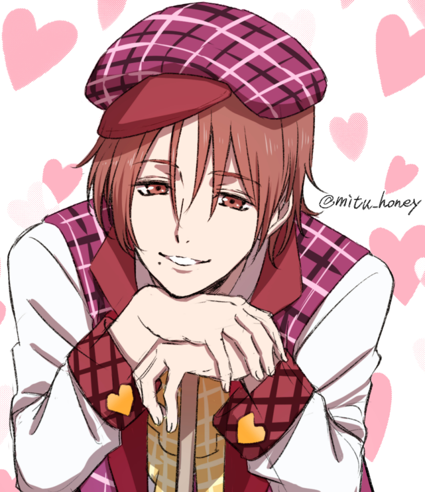 1boy brown_eyes brown_hair fingernails hat heart highres hikari_(mitsu_honey) king_of_prism long_sleeves looking_at_viewer male_focus mole mole_under_eye parted_lips pretty_rhythm pretty_series purple_hat short_hair solo twitter_username yamada_ryou_(pretty_series)