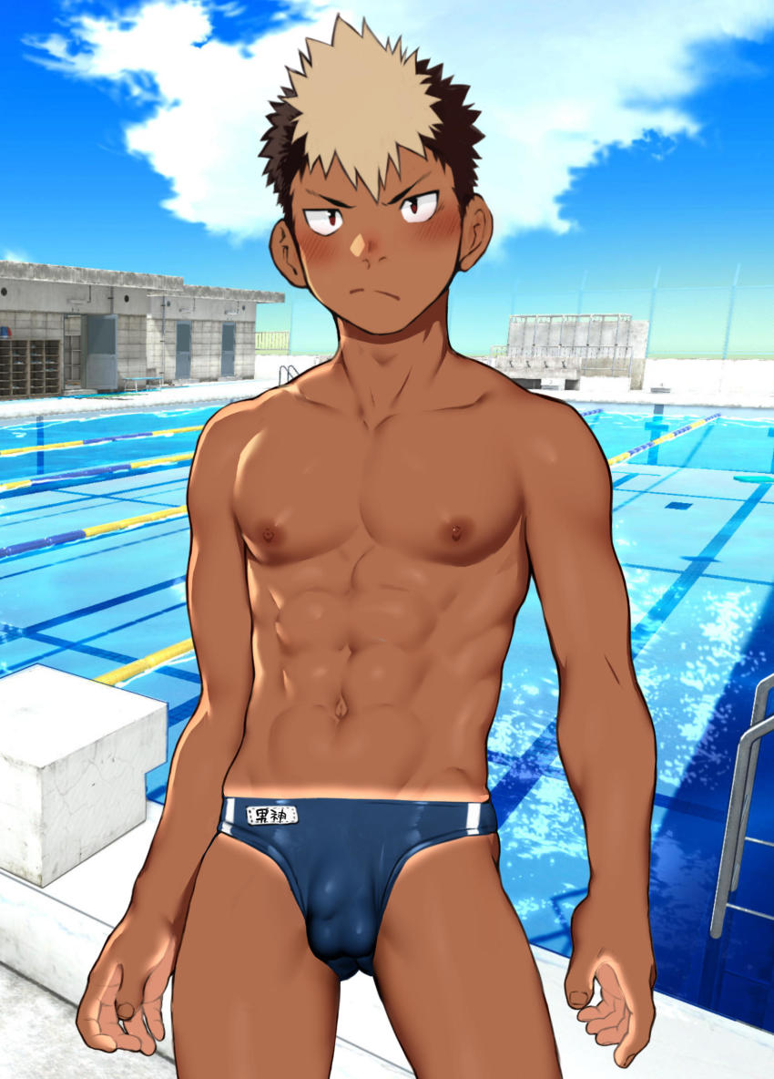 1boy abs absurdres blue_male_swimwear blue_swim_briefs blush bulge cloud cowboy_shot dark-skinned_male dark_skin frown highres looking_at_viewer male_focus male_school_swimsuit male_swimwear multicolored_hair muscular muscular_male name_tag navel nipples original pectorals pool poolside shiba_yuuji sky solo spiked_hair swim_briefs swimsuit tan tanline topless_male two-tone_hair