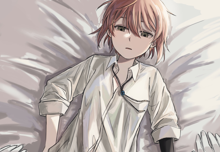 1boy 1girl absurdres black_hands bolo_tie collared_shirt colored_extremities delfuze elias_ainsworth gloves green_eyes hatori_chise highres long_sleeves lying mahou_tsukai_no_yome on_back pov pov_hands red_hair shirt short_hair solo_focus white_gloves white_shirt wing_collar