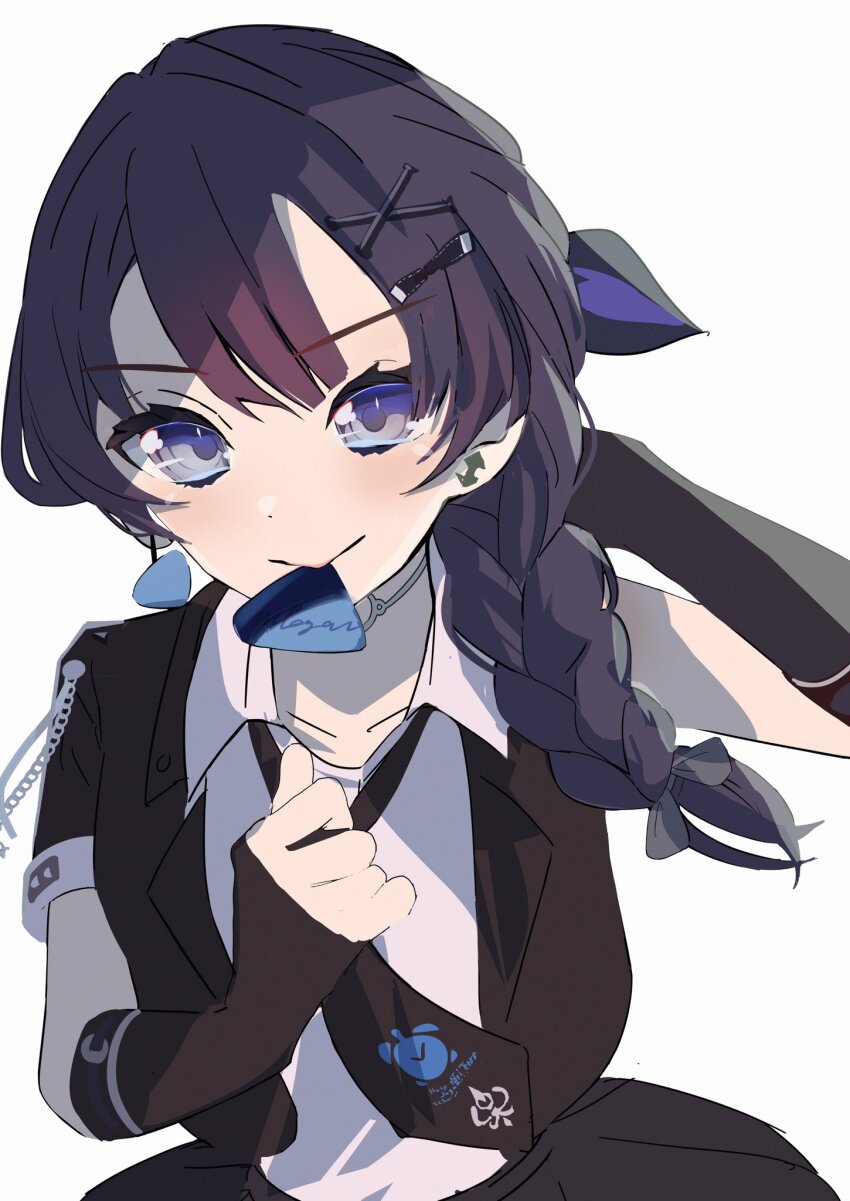 1girl arm_up black_hair black_jacket black_necktie black_skirt blue_eyes braid closed_mouth clothes_grab collared_shirt commentary dress_shirt hair_ornament hair_over_shoulder highres i_do_me!_(love_live!) jacket link!_like!_love_live! long_hair looking_at_viewer love_live! mouth_hold murano_sayaka necktie neckwear_grab official_alternate_costume official_alternate_hairstyle pleated_skirt plectrum plectrum_in_mouth sango_(sin5_do_sng) shirt short-sleeved_jacket short_sleeves side_braid simple_background single_braid single_sleeve skirt smile solo upper_body v-shaped_eyebrows virtual_youtuber white_background white_shirt x_hair_ornament