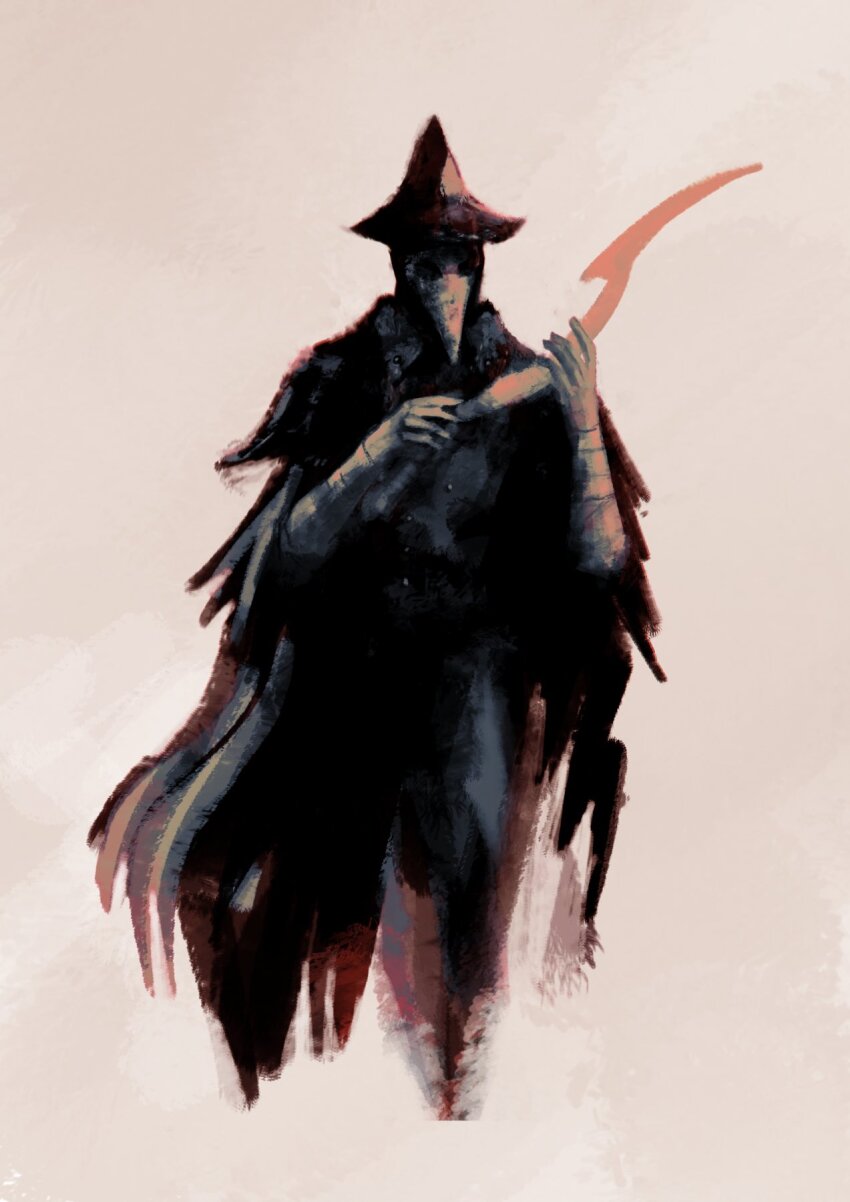 1girl blade_of_mercy bloodborne brushseven cloak coat eileen_the_crow gloves hat highres holding holding_weapon long_coat mask pants plague_doctor_mask solo standing sword weapon