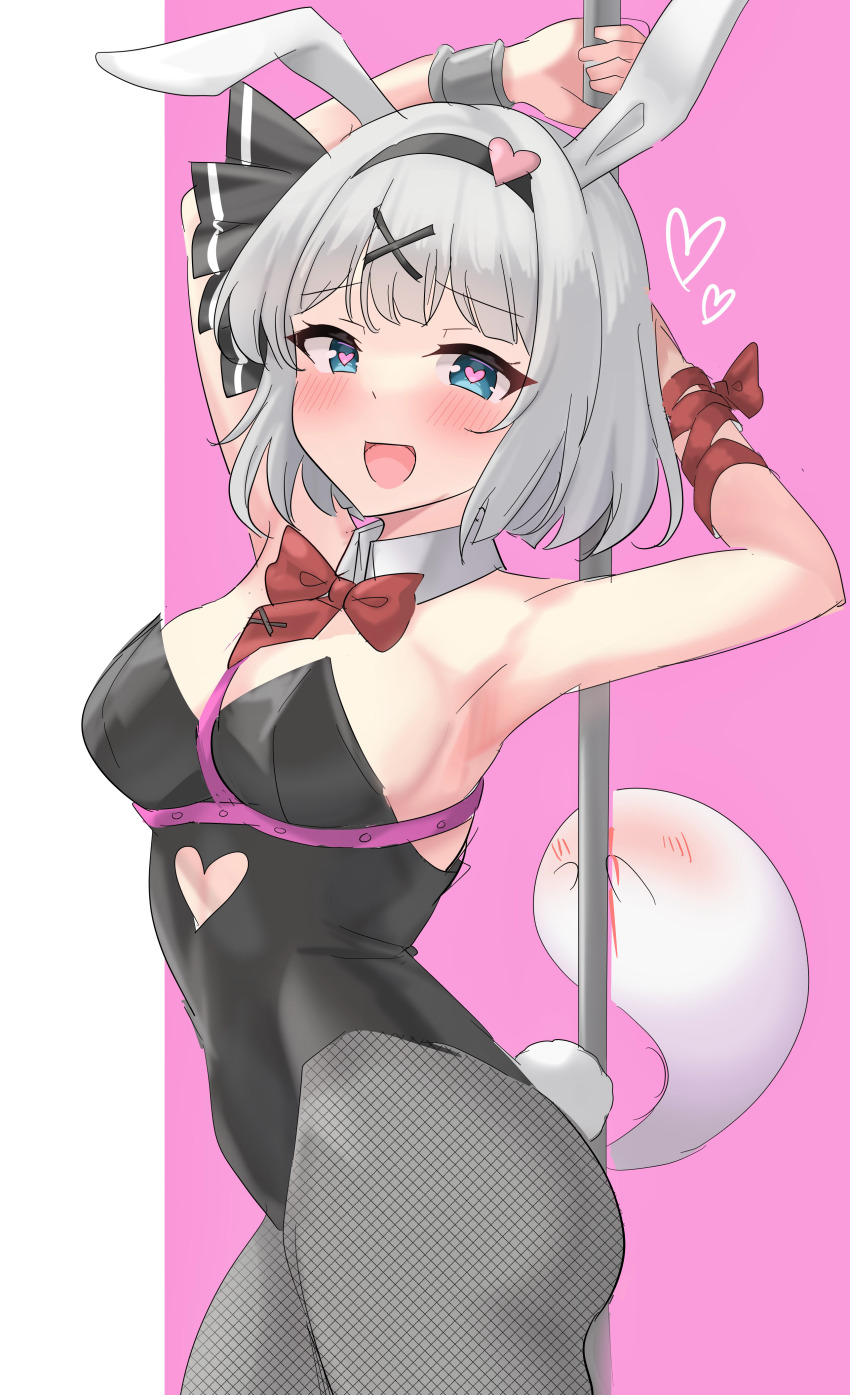 1girl :d absurdres animal_ears arm_ribbon armpits black_hairband black_leotard black_ribbon blue_eyes blush bow bowtie breasts clothing_cutout commentary_request cowboy_shot detached_collar fishnet_pantyhose fishnets grey_hair hair_ornament hair_ribbon hairband heart heart-shaped_pupils heart_cutout heart_hair_ornament highleg highleg_leotard highres konpaku_youmu konpaku_youmu_(ghost) leotard looking_at_viewer medium_breasts open_mouth pantyhose pink_background playboy_bunny pole pole_dancing rabbit_ears rabbit_hole_(vocaloid) rabbit_tail red_bow red_bowtie ribbon short_hair smile solo strapless strapless_leotard stripper_pole symbol-shaped_pupils tail touhou two-tone_background white_background x_hair_ornament youyume-kun