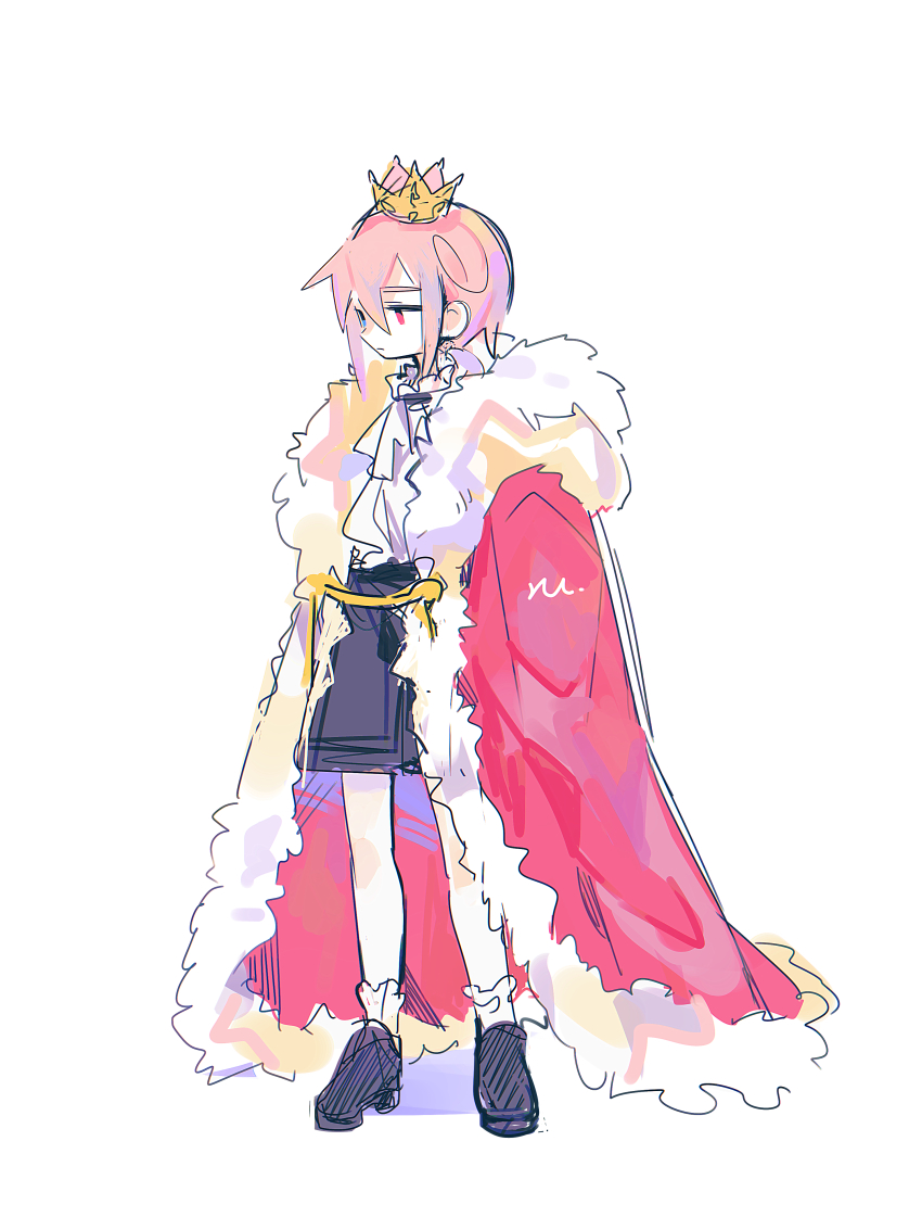 1boy absurdres ascot black_shoes black_shorts blue_eyes cape closed_mouth commentary_request crown fur-trimmed_cape fur_trim heterochromia highres male_focus original pale_skin pink_hair raito-kun_(uenomigi) red_cape red_eyes shirt shoes short_hair shorts simple_background sketch socks solo uenomigi white_ascot white_background white_shirt white_socks