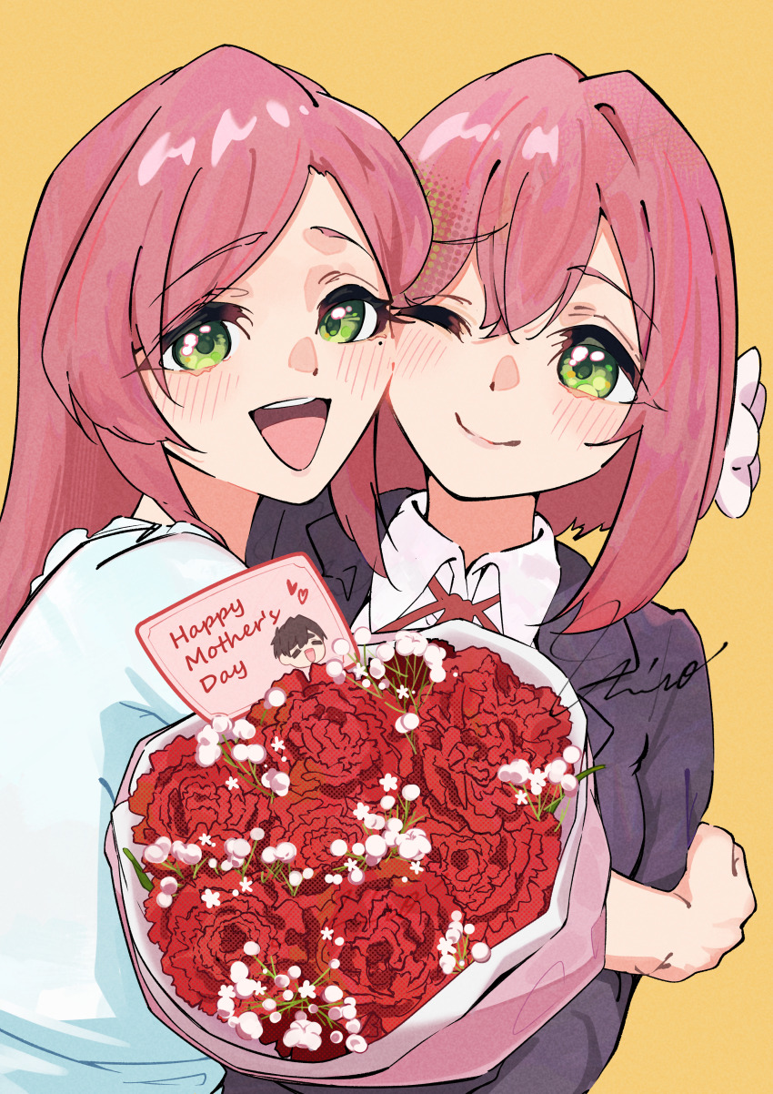 2girls absurdres aijou_rentarou artist_name black_jacket blush bouquet closed_mouth commentary_request dress english_text female_focus flower green_eyes hair_between_eyes hanazono_hahari hanazono_hakari happy_mother&#039;s_day highres hug jacket kimi_no_koto_ga_dai_dai_dai_dai_daisuki_na_100-nin_no_kanojo long_hair looking_at_viewer mature_female mole mole_under_eye mother&#039;s_day mother_and_daughter multiple_girls ohananomitsu_high_school_uniform one_eye_closed open_mouth pink_hair red_flower red_rose rose school_uniform shirt short_hair smile teeth uminonimu532 upper_teeth_only white_dress white_shirt yellow_background