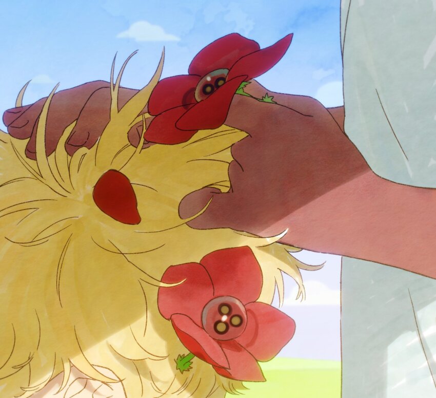 1boy 1girl alien_stage anemone_(flower) blonde_hair cloud dark-skinned_female dark_skin flower hair_flower hair_ornament hand_on_another&#039;s_head highres holding holding_flower hyuna_(alien_stage) luka_(alien_stage) official_art red_flower short_hair sky