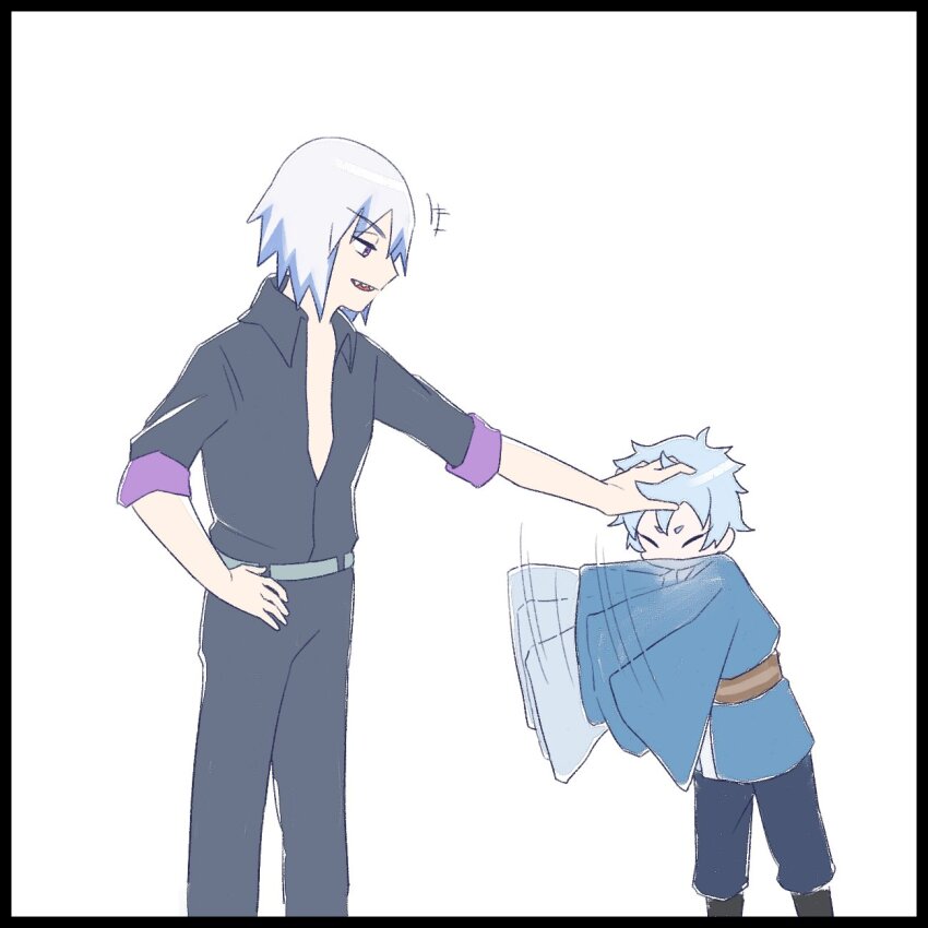 black_pants black_shirt blue_hair blue_streaks boruto:_naruto_next_generations half-closed_eyes hand_on_another&#039;s_head hand_on_own_hip highres hoozuki_suigetsu mitsuki_(naruto) motion_lines multicolored_clothes multiple_boys naruto_(series) pale_skin pants purple_cuffs purple_eyes sharp_teeth shirt short_hair simple_background spiked_hair teasing teeth waving_arms white_background yoshiya0909