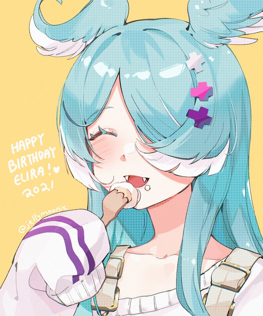 1girl 2021 blush cake collarbone eating elira_pendora elira_pendora_(1st_costume) fangs food fork hair_over_one_eye happy_birthday head_wings heart highres holding holding_fork moonie nijisanji nijisanji_en off_shoulder one_eye_covered open_mouth smile solo sweater virtual_youtuber white_sweater wings yellow_background