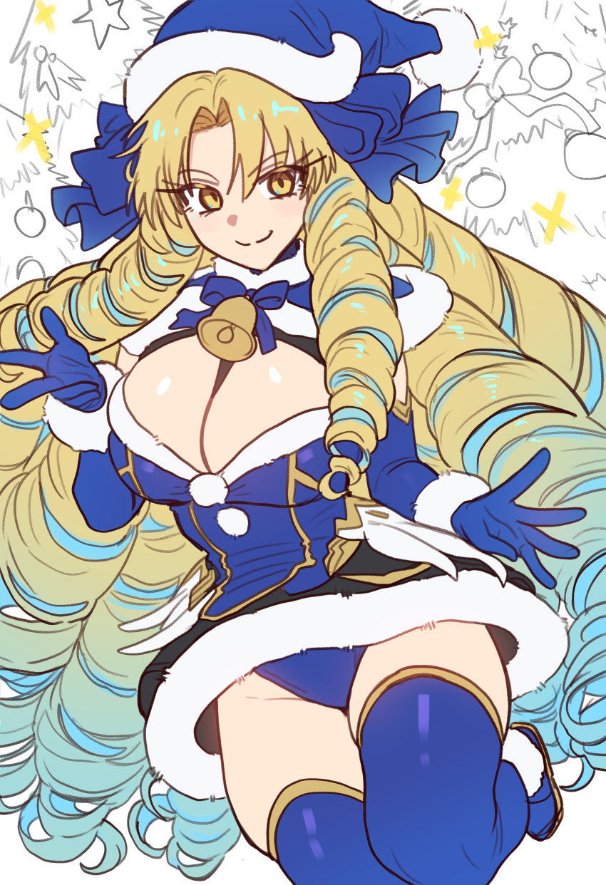 1girl absurdres astraea_(fate) blonde_hair blue_dress blue_gloves blue_hair blue_hat blue_ribbon blue_thighhighs breasts cleavage commission dress drill_hair ebora elbow_gloves fate/grand_order fate_(series) fur_trim gloves gradient_hair hair_ribbon hat highres ko-fi_commission large_breasts long_hair looking_at_viewer multicolored_hair non-web_source parted_bangs ribbon santa_hat smile solo thighhighs thighs very_long_hair yellow_eyes