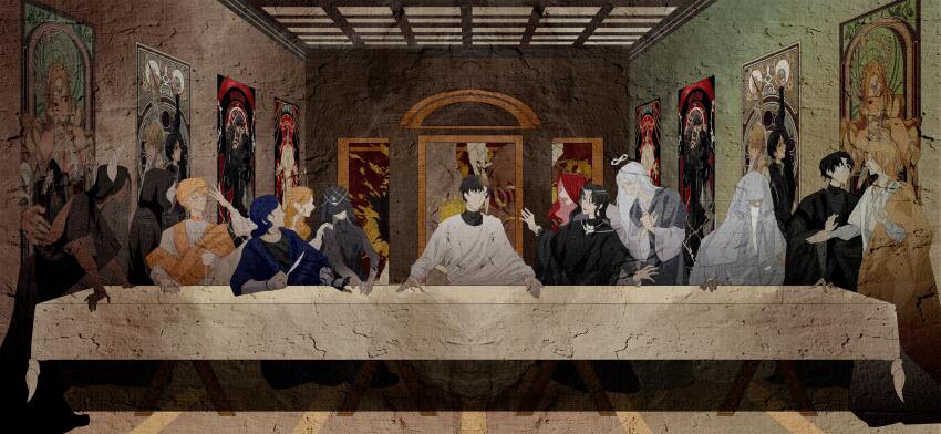 2girls 6+boys absurdres adam_(lord_of_the_mysteries) amon_(lord_of_the_mysteries) ancient_sun_god beard black_hair black_robe blonde_hair blue_hair chinese_commentary cloak commentary_request death_(lord_of_the_mysteries) earth_mother eternal_blazing_sun evernight_goddess facial_hair fine_art_parody god_of_knowledge_and_wisdom grey_cloak halo highres holding holding_quill indoors jesus latin_text long_hair looking_at_another lord_of_storms lord_of_the_mysteries medici_(lord_of_the_mysteries) monocle multiple_boys multiple_girls old old_man open_mouth ouroboros_(lord_of_the_mysteries) outstretched_arms painting_(object) parody parted_lips quill red_hair robe sasrir_(lord_of_the_mysteries) short_hair sitting spread_arms table talking the_last_supper tiara white_hair white_robe yellow_eyes zangjinfanchen
