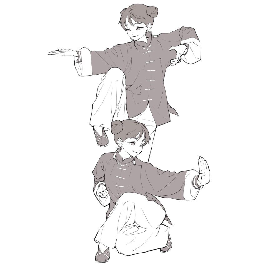 absurdres bun_cover china_dress chinese_clothes double_bun dress fighting fighting_stance hair_bun highres kokoro_no_koibito kung_fu long_sleeves martial_arts monk original smile tangzhuang training