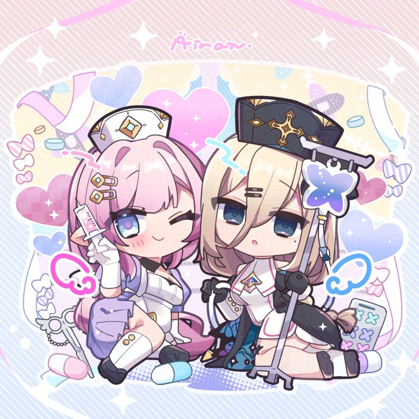 2girls :o aponia_(honkai_impact) artist_name black_footwear black_gloves black_hat blonde_hair blue_eyes blush_stickers chibi chibi_only comiket_105 commentary_request dress elf elysia_(honkai_impact) gloves hair_between_eyes hat highres holding holding_syringe honkai_(series) honkai_impact_3rd iran_stn long_hair lying mole mole_under_eye multicolored_background multiple_girls nurse nurse_cap official_alternate_costume pill pink_hair pointy_ears scissors single_blush_sticker smile syringe white_dress white_gloves white_hat