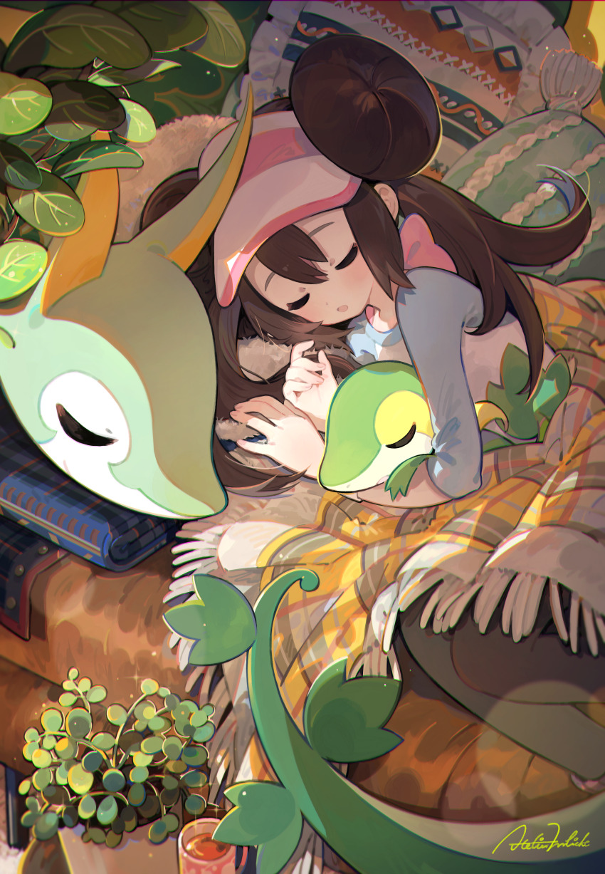 1girl absurdres blanket brown_hair closed_eyes commentary_request cup cushion double_bun gen_5_pokemon hair_bun highres long_hair lying nekoolantern nintendo on_side open_mouth pantyhose plant pokemon pokemon_(creature) pokemon_bw2 potted_plant rosa_(pokemon) serperior shirt sleeping snivy three-quarter_sleeves visor_cap