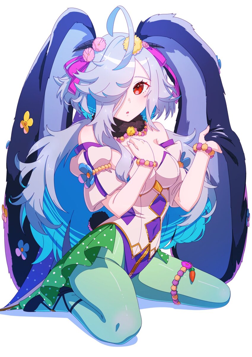 1girl aduti_momoyama animal_ears bare_shoulders blue_hair blush breasts eitr_(fire_emblem) eitr_(spring)_(fire_emblem) fake_animal_ears fire_emblem fire_emblem_heroes flower green_pantyhose hair_flower hair_ornament hair_over_one_eye highres leotard long_hair medium_breasts nintendo nontraditional_playboy_bunny official_alternate_costume official_alternate_hairstyle pantyhose rabbit_ears red_eyes simple_background solo very_long_hair