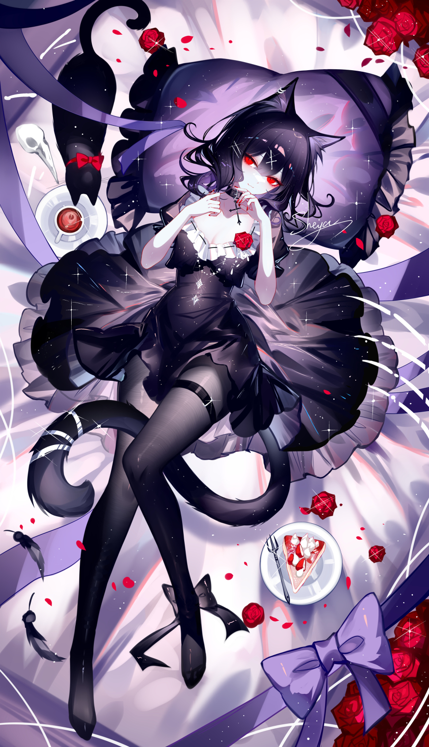 1girl absurdres black_cat black_dress black_hair black_pantyhose bow breasts cake cat cat_tail cleavage dress flower food fork highres looking_at_viewer lying on_back original pantyhose pillow plate puffy_short_sleeves puffy_sleeves purple_bow red_eyes red_flower red_rose rose sheya short_hair short_sleeves smile solo tail