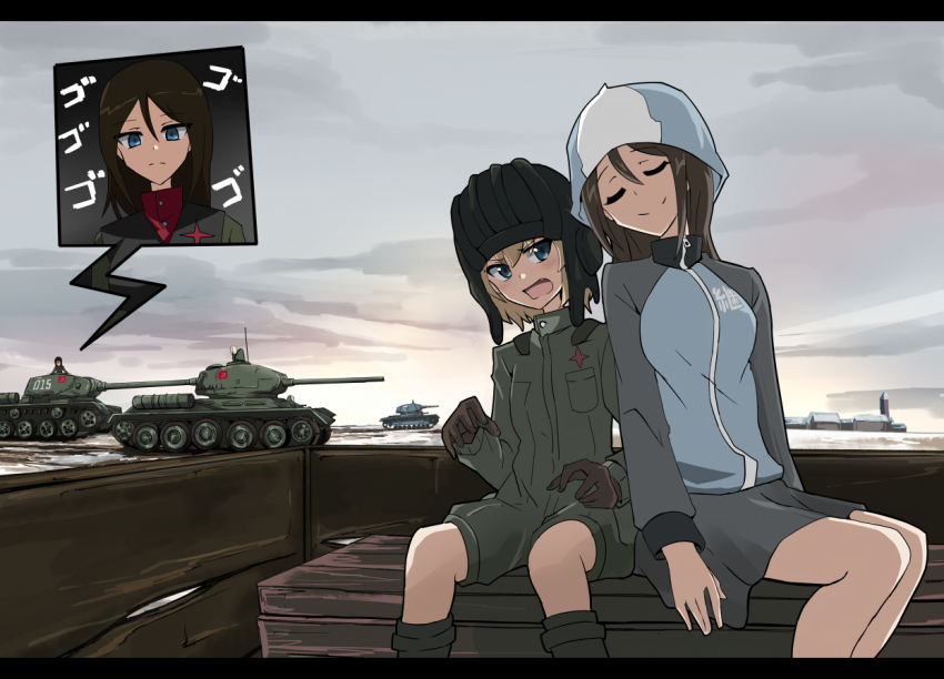 4girls black_gloves black_hair black_headwear blonde_hair blue_eyes blue_headwear blue_jacket bob_cut brown_eyes brown_hair clara_(girls_und_panzer) closed_eyes death_sweets emblem frown girls_und_panzer gloves green_jumpsuit grey_skirt helmet is-2 jacket jumpsuit katyusha_(girls_und_panzer) keizoku_(emblem) keizoku_military_uniform long_hair long_sleeves looking_at_another mika_(girls_und_panzer) military military_vehicle motor_vehicle multiple_girls nonna_(girls_und_panzer) pravda_military_uniform raglan_sleeves short_hair short_jumpsuit skirt smile swept_bangs t-26 t-34 t-34-85 tank tank_helmet track_jacket tulip_hat