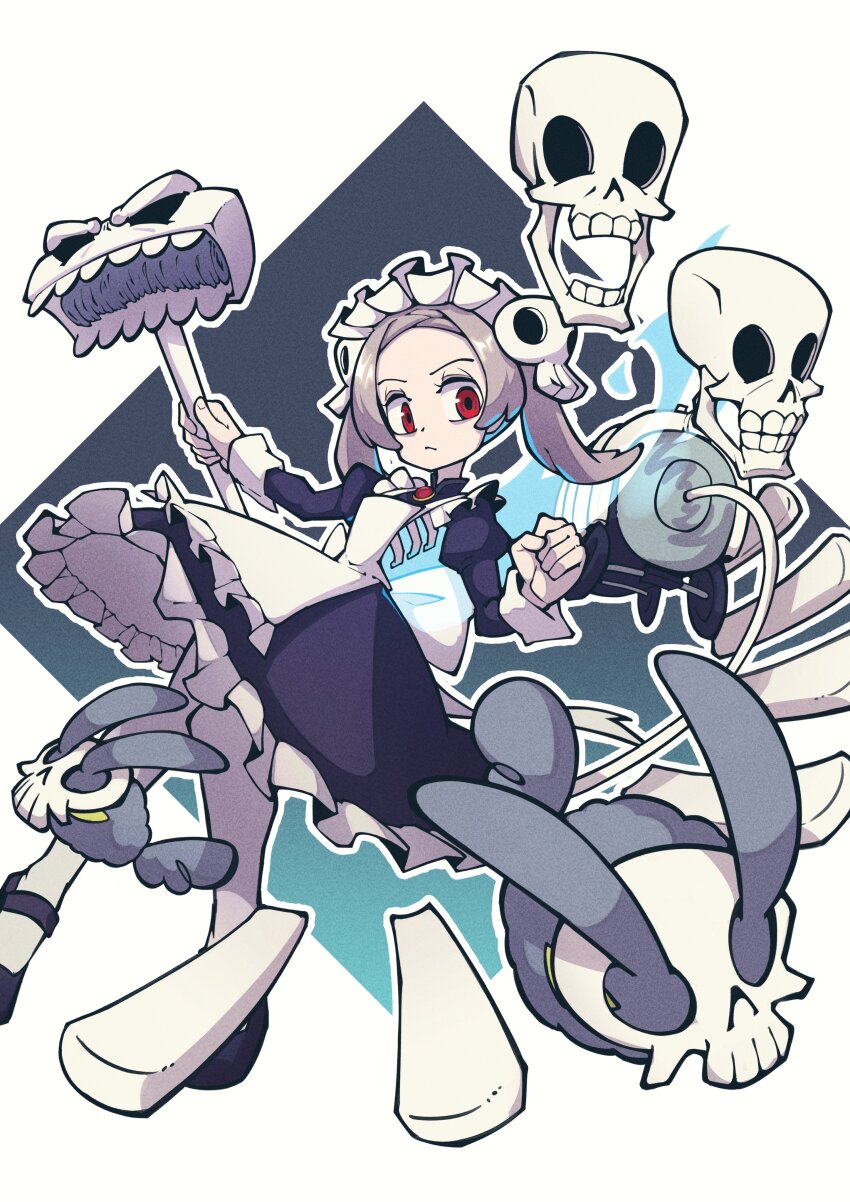 1girl absurdres apron bloody_marie_(skullgirls) blue_background brooch dress dust_bunny_(skullgirls) fire frilled_apron frilled_dress frills grey_hair hair_ornament highres jewelry juliet_sleeves long_sleeves maid_headdress mary_janes onozawa_(buresu21) pantyhose puffy_sleeves rabbit red_eyes ribs shoes skeleton skull skull_hair_ornament skullgirls solo twintails vacuum_cleaner white_background