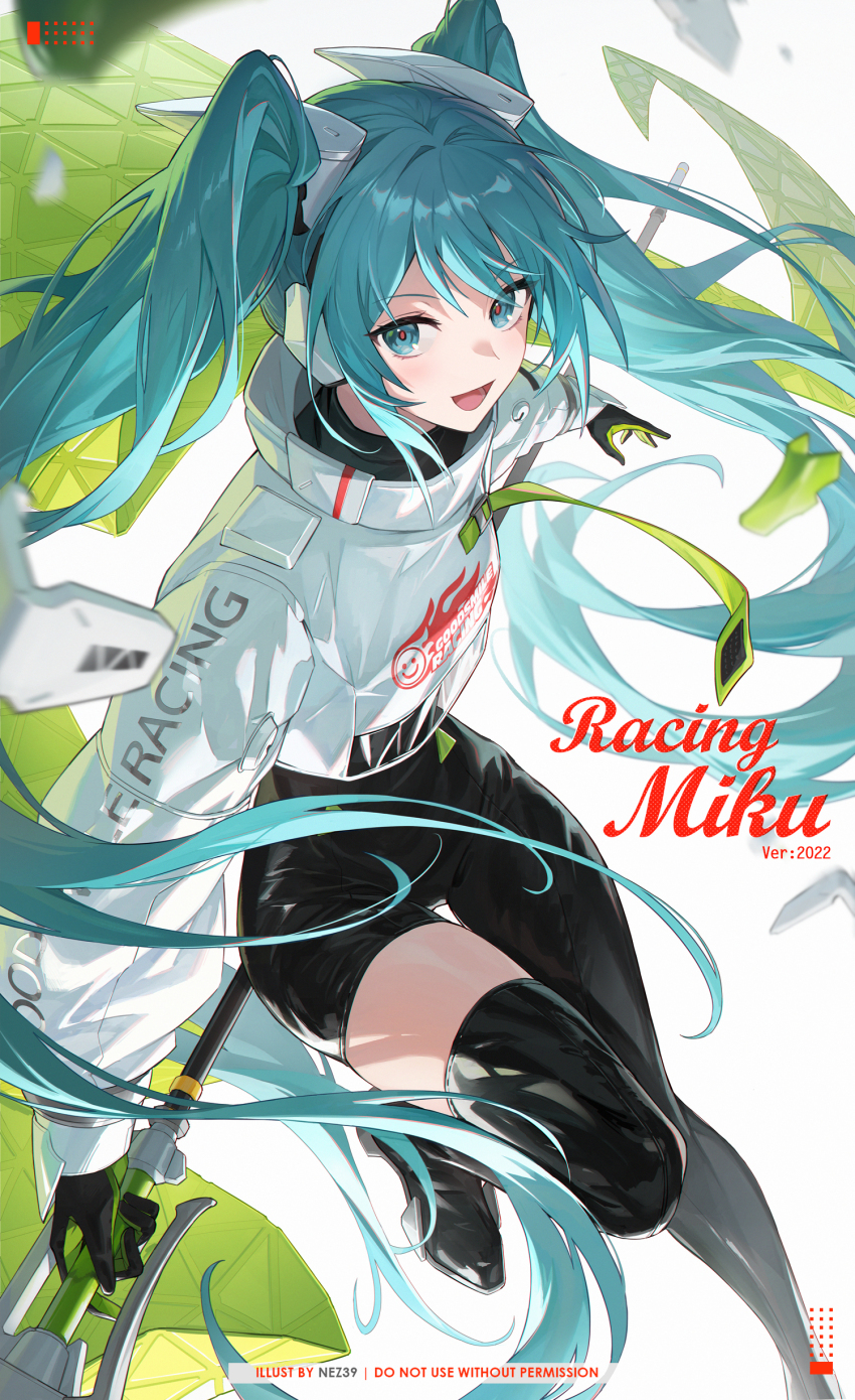 1girl absurdres aqua_eyes artist_name asymmetrical_clothes black_bodysuit black_thighhighs blurry bodysuit choppy_bangs cropped_legs depth_of_field flag hair_ornament hatsune_miku headphones highres holding holding_flag long_hair looking_at_viewer nez39 open_mouth puffy_sleeves racing_miku racing_miku_(2022) racing_suit red_pupils shirt sidelocks single_thighhigh solo thighhighs twintails very_long_hair vocaloid white_shirt