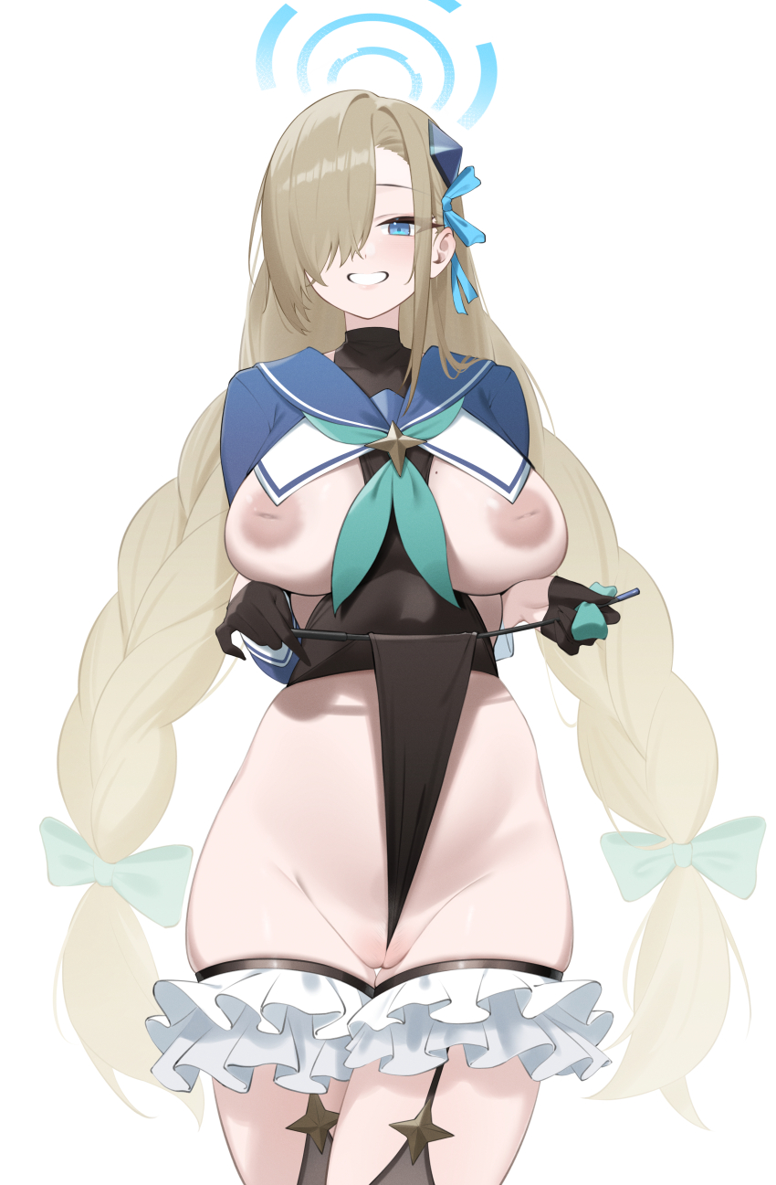 1girl absurdres asuna_(blue_archive) between_breasts black_leotard black_thighhighs blonde_hair blue_archive blue_eyes blue_halo blue_sailor_collar blue_shrug blush braid breasts breasts_out cleft_of_venus clothes_between_breasts cosplay dongye1551 frilled_thigh_strap frontal_wedgie green_neckerchief grin groin hair_ornament hair_over_one_eye hair_ribbon halo heattech_leotard highleg highleg_leotard highres holding holding_riding_crop inverted_nipples leotard leotard_pull long_hair looking_at_viewer neckerchief pubic_hair pussy ribbon riding_crop sailor_collar self_wedgie shimiko_(blue_archive) shimiko_(blue_archive)_(cosplay) shimiko_(magical)_(blue_archive) shrug_(clothing) smile solo sparse_pubic_hair thigh_strap thighhighs thighs turtleneck twin_braids very_long_hair wedgie