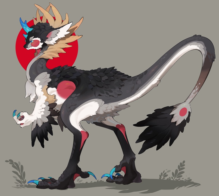 absurdres animal_focus blue_eyes blue_horns blue_nails bul_(moiko) claws feathers from_side full_body grey_background highres horns no_humans original raptor simple_background tail