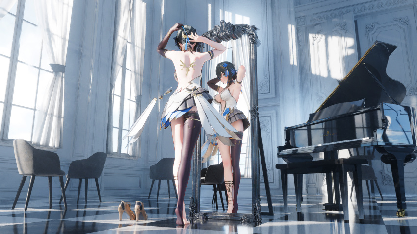 1girl absurdres armband asymmetrical_gloves backless_dress backless_outfit bare_shoulders black_armband black_hair breasts chair curtains dress gloves grand_piano hair_bun highres instrument katya_klein large_breasts mirror mr_ito piano piano_bench plunging_neckline reflection single_thighhigh snowbreak:_containment_zone solo thighhighs tile_floor tiles tying_hair white_dress window