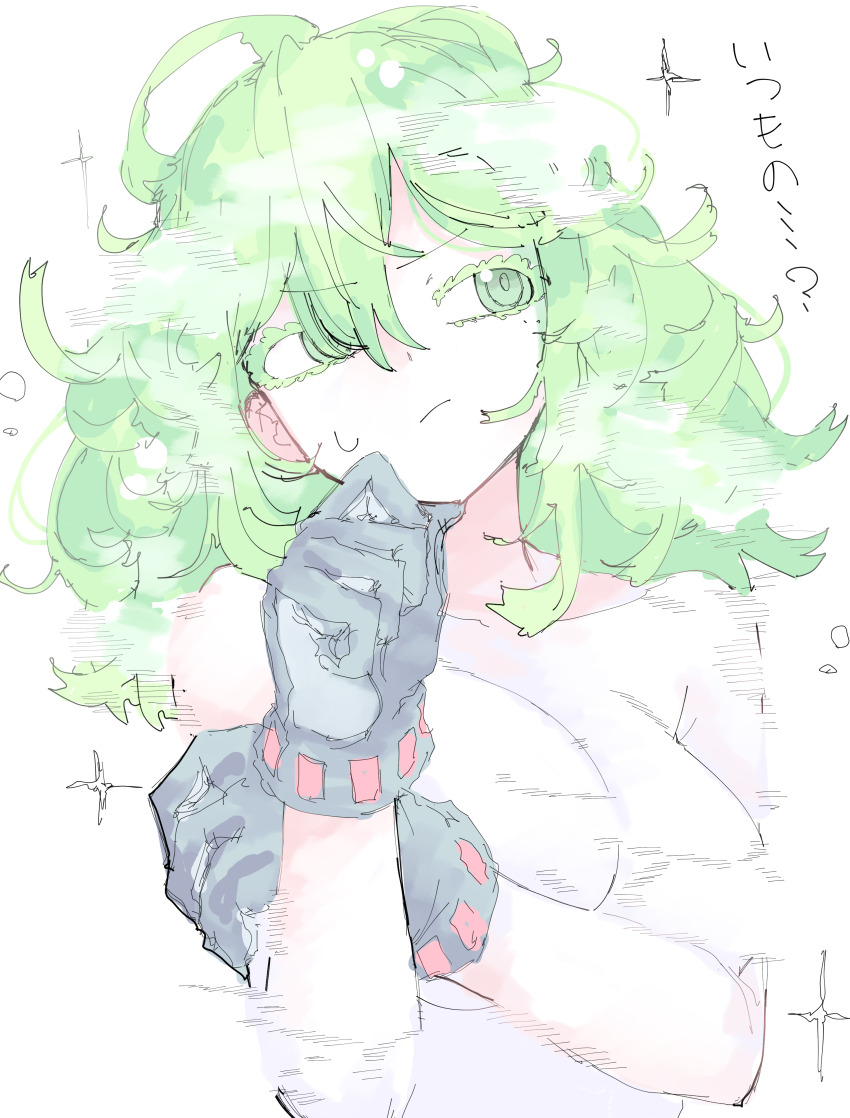 1girl absurdres boku_no_hero_academia breasts colored_eyelashes convenient_censoring gloves green_eyes green_hair grey_gloves hagakure_toru highres large_breasts messy_hair mocamocaink nude solo steam steam_censor thinking