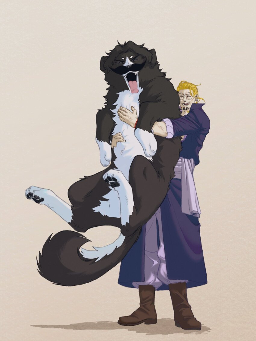 1boy ^_^ animal beard_stubble black_hair blonde_hair boots brown_footwear carrying closed_eyes commentary dog facial_hair full_body gol_d._roger hair_slicked_back highres holding mustache one_piece open_mouth sash shadow silvers_rayleigh simple_background stubble symbol-only_commentary tongue tongue_out whatagreatpiece