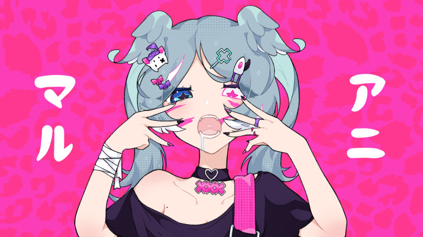 animal_(vocaloid) blue_hair collarbone elira_pendora highres hyuni_(hyunicat) nijisanji nijisanji_en pink_eyes saliva virtual_youtuber