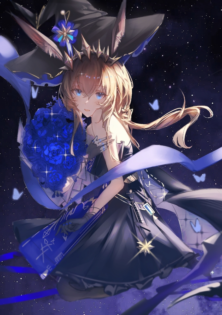 1girl ambience_synesthesia amiya_(arknights) amiya_(medic)_(arknights) amiya_(medic)_(solo_around_the_world)_(arknights) animal_ears arknights bare_shoulders black_gloves black_hat blue_eyes blue_flower blue_rose brown_hair chinese_commentary commentary_request ears_through_headwear floating flower gloves hair_between_eyes hand_on_own_shoulder hat highres jaggy_lines jewelry long_hair looking_at_viewer multiple_rings outdoors purple_hat ring rose solo space sparkle star_(sky) two-sided_fabric two-sided_headwear witch_hat yuki_sweet_tea
