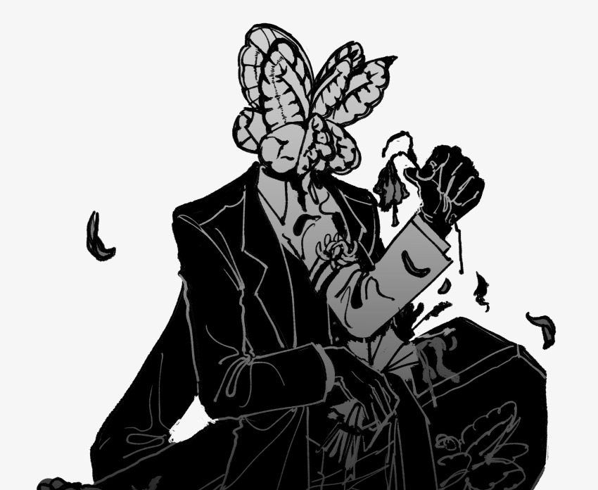 1boy animal_head armband bouquet bug butterfly collared_shirt extra_arms flower formal_clothes funeral_of_the_dead_butterflies greyscale hand_up highres holding holding_bouquet holding_coffin insect lobotomy_corporation maskv monochrome project_moon shirt spider_lily suit vest wilted_flower wing_collar