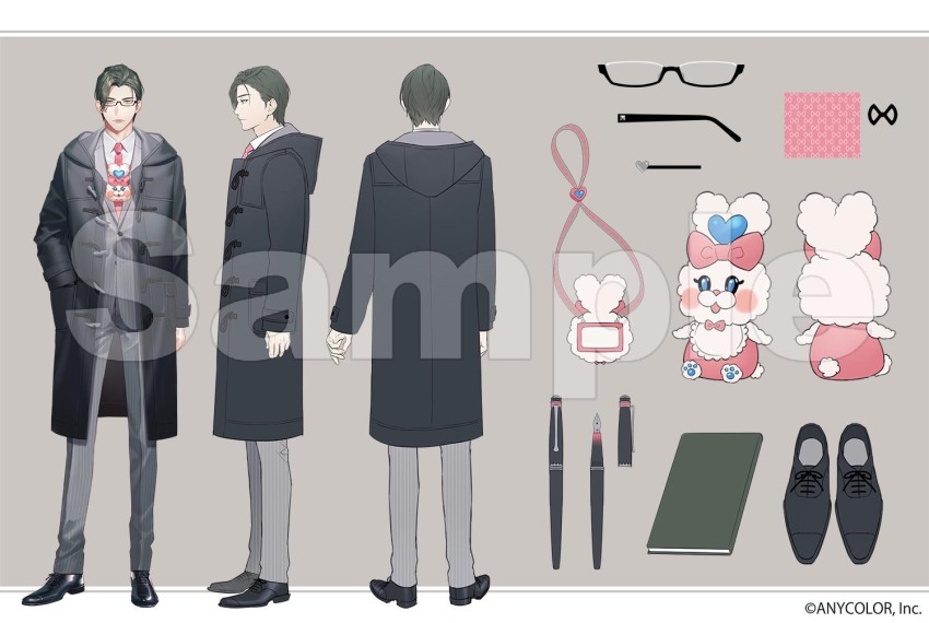 1boy asymmetrical_bangs black_coat black_hair black_shoes book closed_mouth coat collared_shirt company_name copyright_notice duffel_coat facing_away formal_clothes frown glasses grey_background grey_eyes grey_jacket grey_pants grey_suit hand_in_pocket hood hood_down hooded_coat itsuki_sakyo jacket kazuki_yone lapels long_sleeves looking_at_viewer male_focus multiple_views necktie nijisanji official_art open_clothes open_coat pants parted_bangs pen pink_necktie pinstripe_jacket pinstripe_pants pinstripe_pattern pinstripe_suit profile reference_sheet semi-rimless_eyewear shirt shirt_tucked_in shoes short_hair stuffed_animal stuffed_rabbit stuffed_toy suit under-rim_eyewear virtual_youtuber watermark white_shirt wing_collar