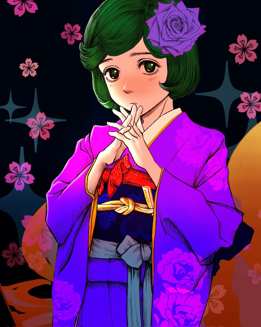 1girl berserk black_eyes blue_kimono blue_sash blush brown_hair closed_mouth eyelashes flower_request hands_up highres japanese_clothes kimono long_sleeves nisino2222 obi own_fingers_together sash schierke_(berserk) short_hair solo swept_bangs wide_sleeves