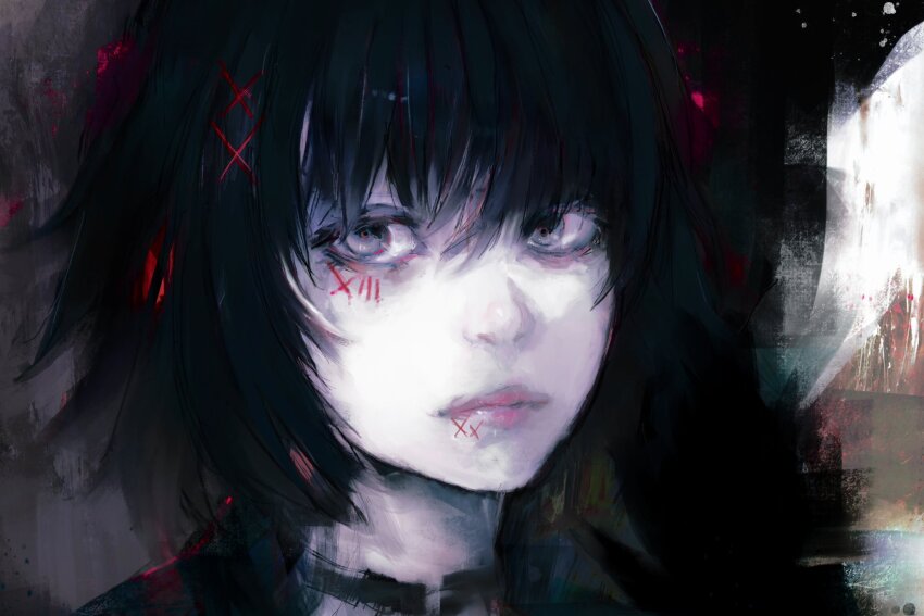 1boy androgynous black_choker black_eyes black_hair choker gradient_background hair_ornament hairclip highres lips looking_at_viewer male_focus painterly roman_numeral short_hair simple_background solo stitched_face stitches suzuya_juuzou tokyo_ghoul tokyo_ghoul:re x_hair_ornament xa8uofivf2mcart