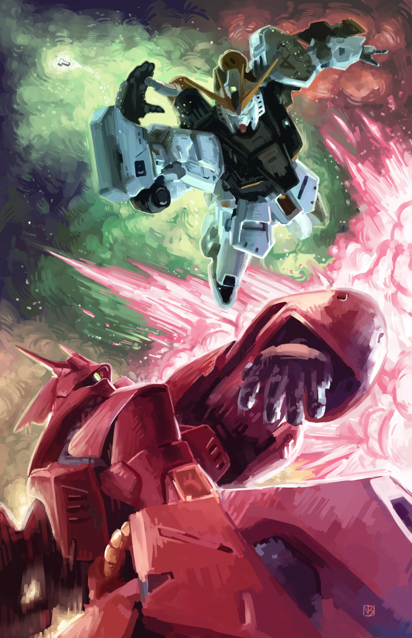 absurdres axis_(gundam) cable char&#039;s_counterattack commentary concept_art duel earth_federation_space_forces energy english_commentary explosion fake_screenshot glowing gundam highres machinery mecha mecha_focus mobile_suit motion_blur nebula neo_zeon newtype_flash no_humans nu_gundam one-eyed psycho_frame radio_antenna realistic robot sazabi science_fiction shield signature space sparks spoilers v-fin vinoburrito when_you_see_it zero_gravity