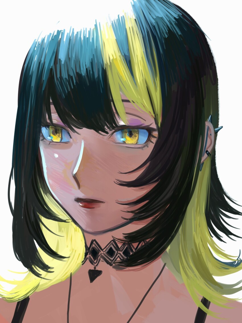 1girl barbell_piercing black_choker black_hair blonde_hair choker closed_mouth colored_inner_hair ear_piercing expressionless eyeshadow highres idolmaster idolmaster_shiny_colors ikaruga_luca industrial_piercing looking_at_viewer makeup medium_hair multicolored_hair piercing pink_eyeshadow portrait red_lips simple_background solo spaghetti_strap spiked_ear_piercing white_background yamaichi_(yama3ichi4) yellow_eyes