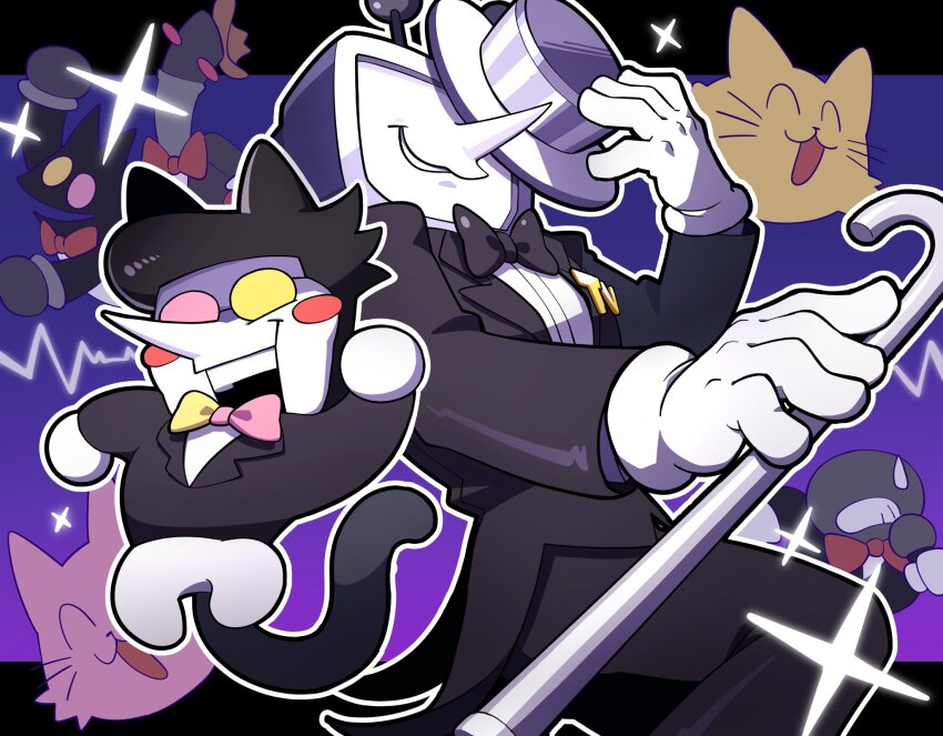 2boys animal_ears ant_tenna black_bow black_bowtie black_hair black_jacket black_pants blush_stickers bow bowtie cane cat_ears cat_tail character_request commentary cowboy_hat crt deltarune gloves grin hat hat_tip heterochromatic_eyewear highres holding holding_cane holding_microphone jacket kemonomimi_mode male_focus microphone multiple_boys object_head oimo64 open_mouth pants pointy_nose red_bow red_bowtie short_hair smile spamton_g._spamton sparkle sweatdrop symbol-only_commentary tail teeth tinted_eyewear white_gloves white_hat