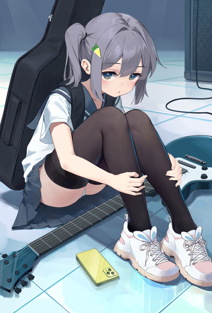 1girl :o absurdres amplifier black_thighhighs blue_eyes blue_sailor_collar blue_skirt blush cable cellphone commentary_request double-parted_bangs electric_guitar food-themed_hair_ornament grey_hair guitar guitar_case hair_between_eyes hair_ornament highres instrument instrument_case knees_up looking_at_viewer mr_arme on_floor one_side_up original panties pantyshot parted_lips phone pleated_skirt sailor_collar school_uniform shirt shoes short_sleeves sitting skirt smartphone sneakers solo thighhighs tile_floor tiles underwear white_panties white_shirt white_shoes
