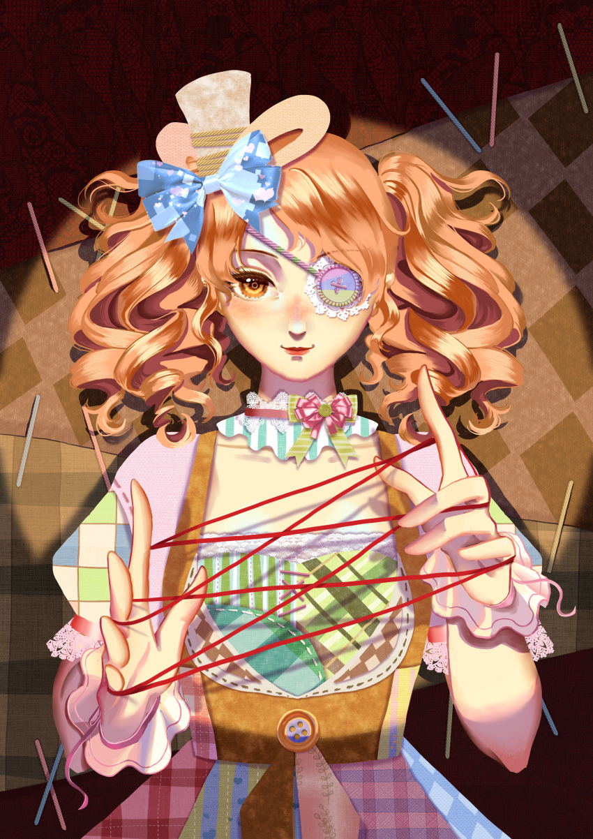 1girl absurdres art_of_tailoring_(infinity_nikki) blue_bow bow bow_choker bowtie brown_background brown_eyes brown_vest buttons cat&#039;s_cradle choker closed_mouth cowboy_shot dress drill_hair eyelashes eyepatch frilled_choker frilled_eyepatch frilled_wrist_cuffs frills green_bow green_bowtie hair_bow happy hat highres infinity_nikki lace-trimmed_choker lace-trimmed_sleeves lace_trim light_blush lipstick lolita_fashion looking_at_viewer makeup medium_hair mini_hat mini_top_hat multicolored_dress nikki_(series) orange_hair patchwork_clothes pink_bow pink_bowtie pink_choker puffy_short_sleeves puffy_sleeves qingniaoyi red_lips ribbon-trimmed_sleeves ribbon_trim short_sleeves short_twintails smile solo square_neckline straight-on string_around_finger striped_bow striped_bowtie striped_clothes top_hat twintails vertical-striped_choker vest vignetting white_hat white_wrist_cuffs wrist_cuffs