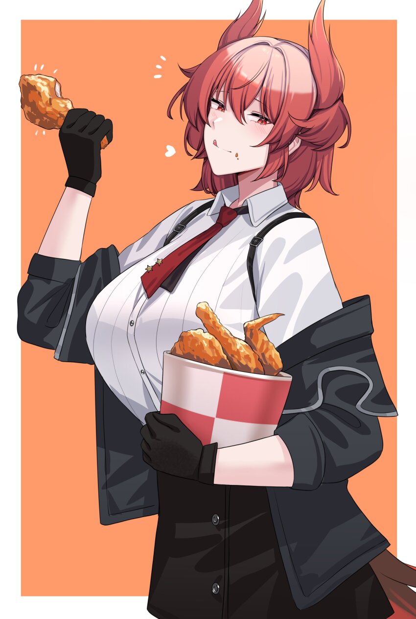 1girl :q absurdres arknights black_jacket black_skirt breasts bucket_of_chicken chicken_(food) commission enough_333 fiammetta_(arknights) food food_on_face fried_chicken highres holding holding_food jacket large_breasts long_sleeves looking_at_viewer necktie pointy_hair red_eyes red_hair red_necktie shirt short_hair skirt solo tongue tongue_out white_shirt