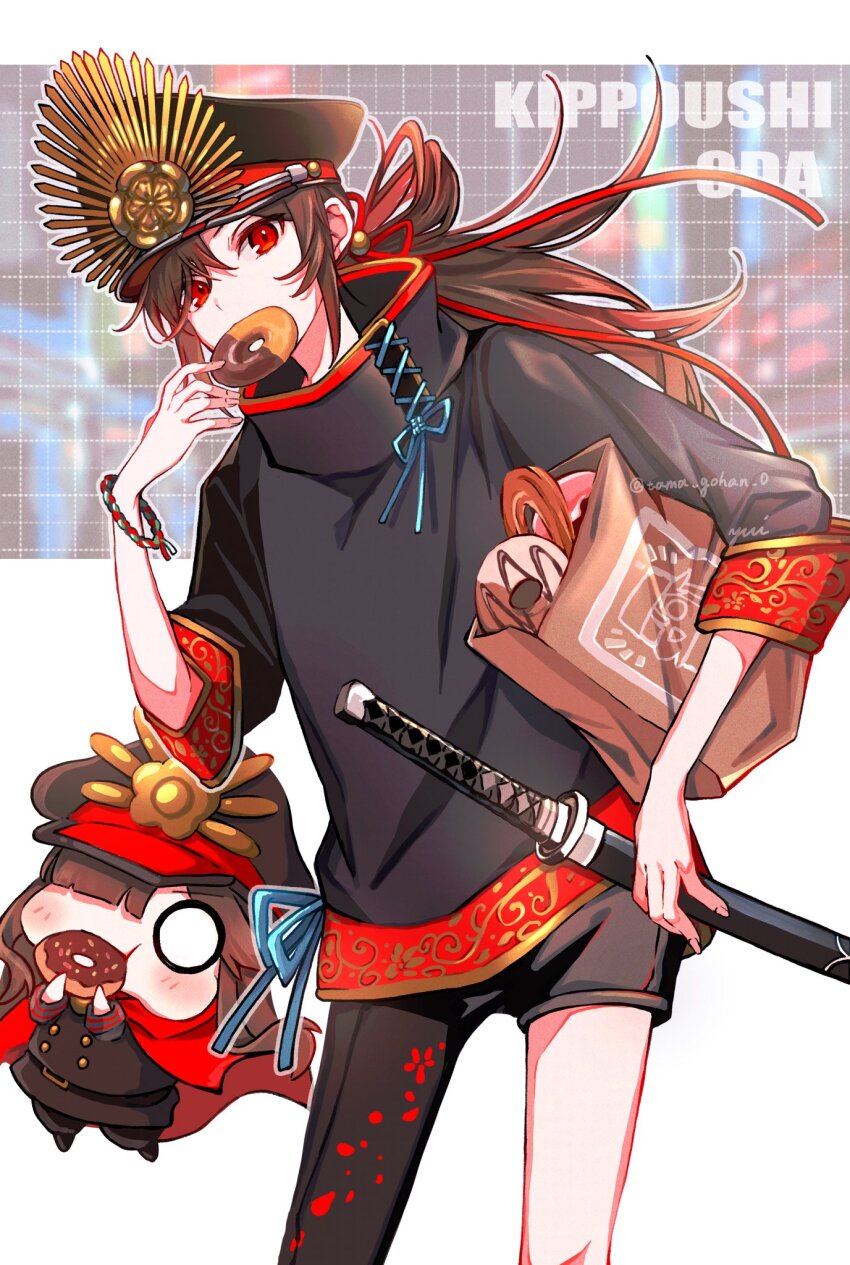 1boy asymmetrical_clothes asymmetrical_legwear bag black_pants black_shirt bracelet cape crest donut eating family_crest fate/grand_order fate_(series) food hair_over_one_eye hat high_collar highres holding holding_food holding_sheath holding_sword holding_weapon jewelry katana koha-ace long_hair low_ponytail medallion military_hat mini_nobu_(fate) multiple_persona oda_kippoushi_(fate) oda_nobunaga_(fate) oda_uri pants paper_bag peaked_cap ponytail red_cape red_eyes sheath sheathed shirt sword uneven_legwear weapon yui_(tamagohan)