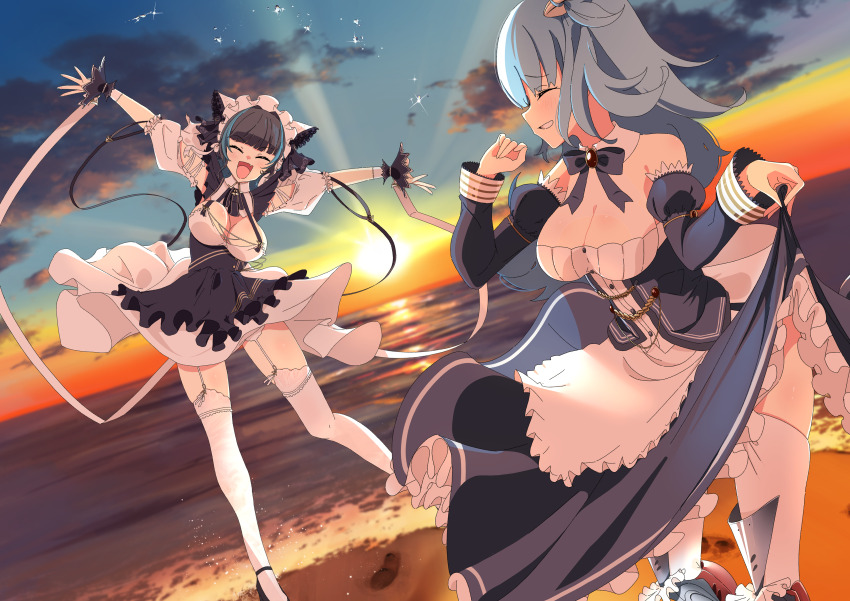 2girls absurdres animal_ears apron azur_lane bare_shoulders blue_hair breasts cheshire_(azur_lane) cleavage commentary_request commission detached_sleeves dress dutch_angle evening fake_animal_ears frilled_apron frilled_dress frilled_hairband frilled_ribbon frills gem hairband highres juliet_sleeves large_breasts long_ribbon long_sleeves maid_headdress multicolored_hair multiple_girls neptune_(azur_lane) ocean outdoors pixiv_commission puffy_detached_sleeves puffy_sleeves purple_apron red_gemstone ribbon sand streaked_hair thighhighs urasuka water white_dress white_thighhighs wrist_cuffs