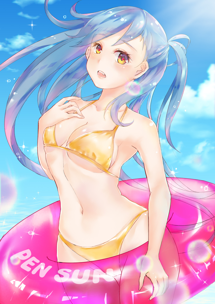10s 1girl absurdres bikini blue_hair blue_sky blue_theme breasts cleavage cloud day fantasista_doll female_focus groin heart heart-shaped_pupils highres innertube medium_breasts navel pen_sun ponytail sky solo summer swim_ring swimsuit symbol-shaped_pupils ukiwa_(fantasista_doll)