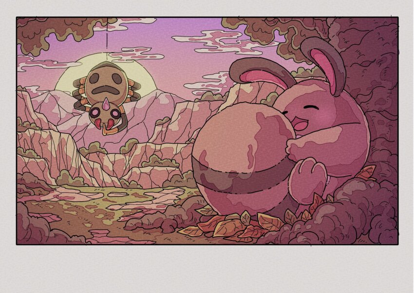 animal_focus cloud full_body gen_2_pokemon highres mountain nintendo no_humans on_ground onamuzi_illust outdoors pokemon pokemon_(creature) pokemon_focus sentret spider_thread spinarak sunset tree upside-down