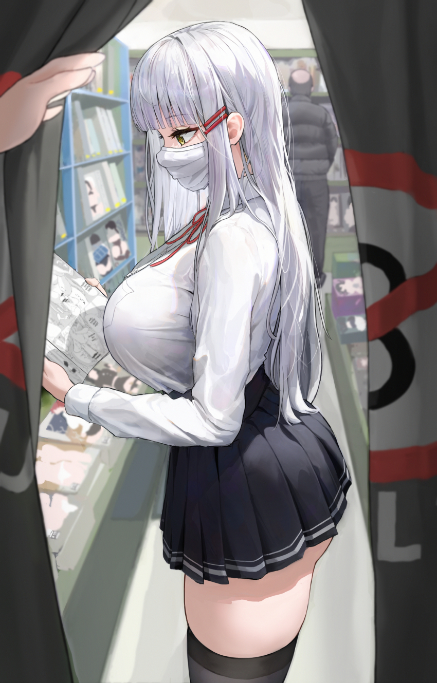 1boy 1girl book breasts from_side hair_ornament hairclip highres holding holding_book huge_breasts indoors irorong large_breasts long_hair long_sleeves mask mouth_mask original reading school_uniform shirt skirt solo_focus standing thighhighs thighs white_hair white_shirt yellow_eyes